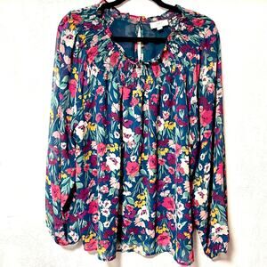 LOFT Teal Floral Long-Sleeve Peasant Blouse